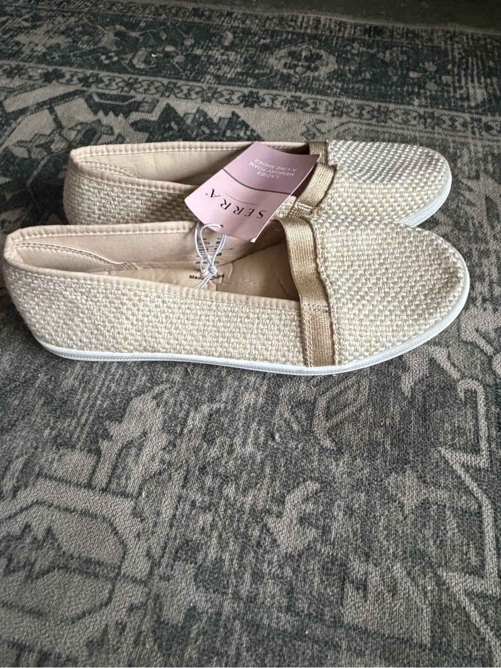 Serra brand beige and gold woven flat shoe women’s size 8 from Aldi